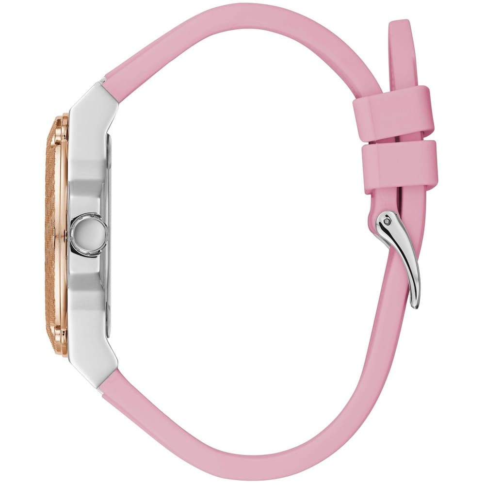 Side profile of Guess Zena W1094L4 women's quartz battery watch showing 10mm thickness and polished silver finish