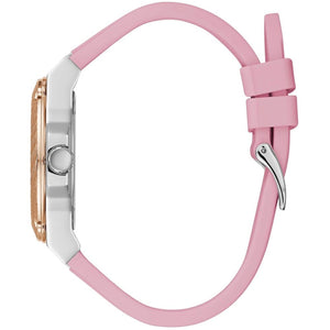 Side profile of Guess Zena W1094L4 women's quartz battery watch showing 10mm thickness and polished silver finish