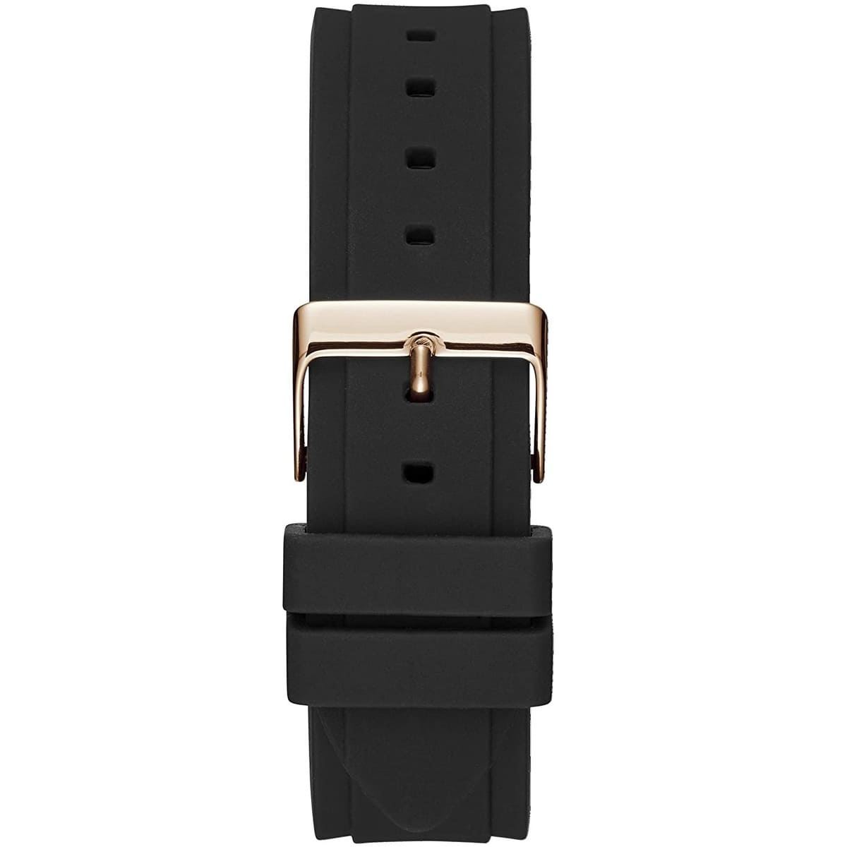 Rose gold-tone buckle clasp on Guess Zena W1094L6 women's quartz battery black rubber strap watch