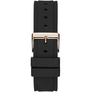 Rose gold-tone buckle clasp on Guess Zena W1094L6 women's quartz battery black rubber strap watch