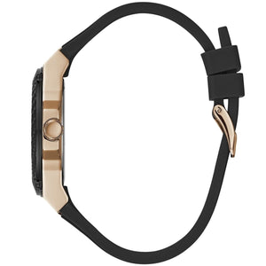 Detailed view of rose gold-tone textured crown on Guess Zena W1094L6 women's quartz battery watch