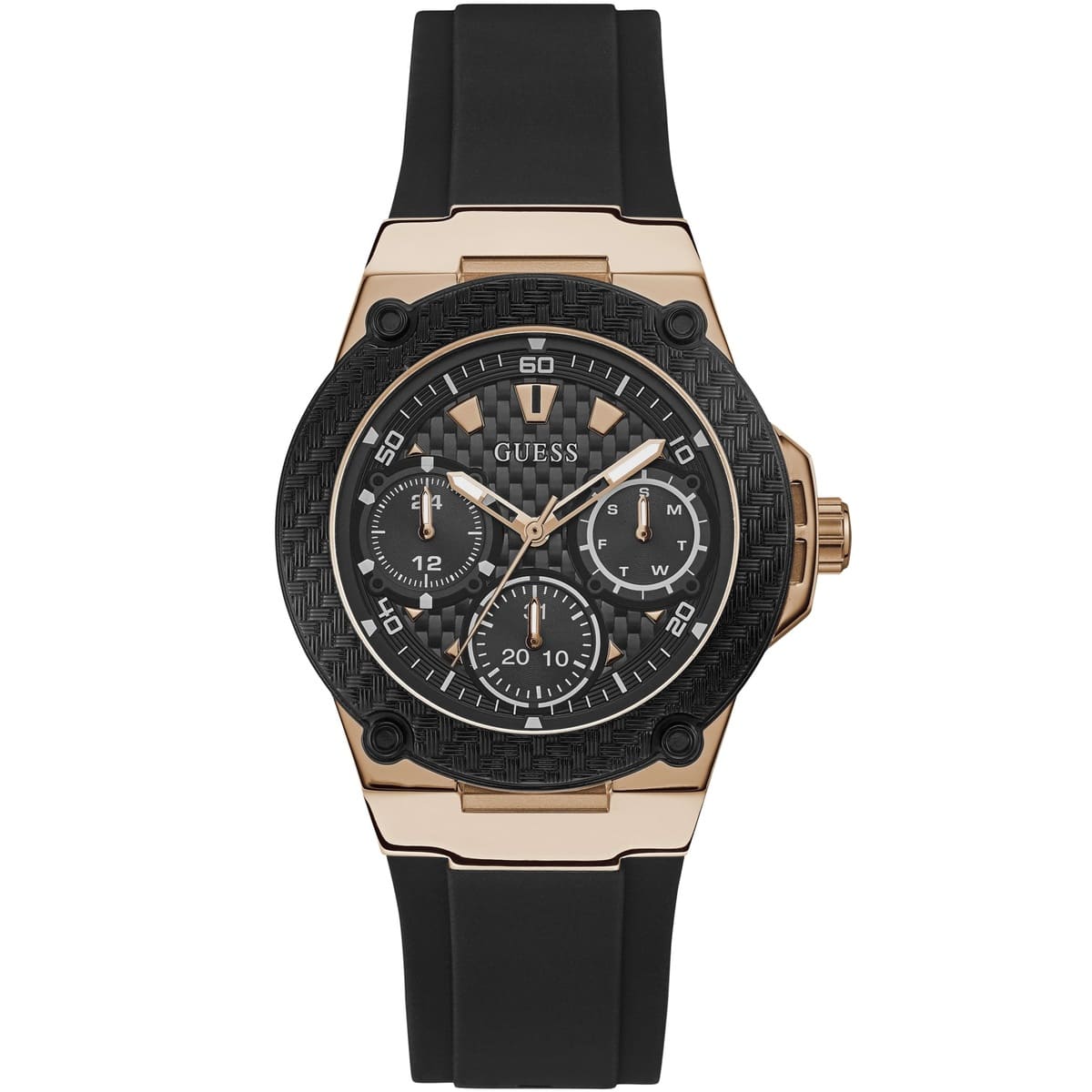 Guess Zena W1094L6 women's quartz battery watch with black carbon fiber dial, multi-function sub-dials, rose gold and black case, black rubber strap main view