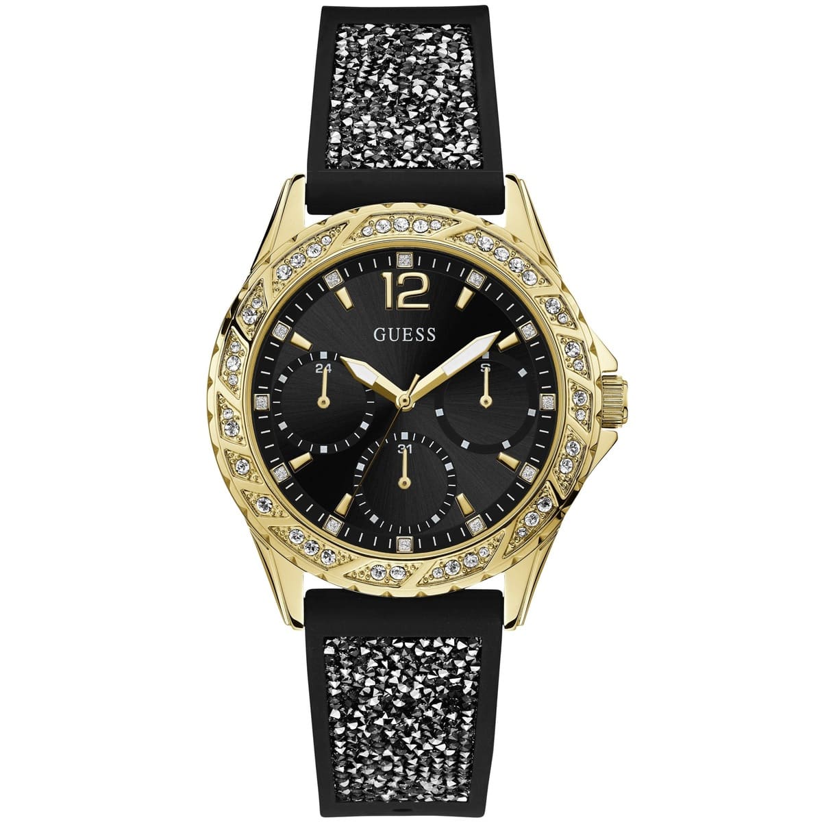 Guess Swirl W1096L3 women's quartz battery watch with black dial, multi-function sub-dials, gold case with crystal bezel, black rubber strap with crystal embellishments main view