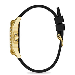 Side profile of Guess Swirl W1096L3 women's quartz battery watch showing 10mm thickness and polished gold finish