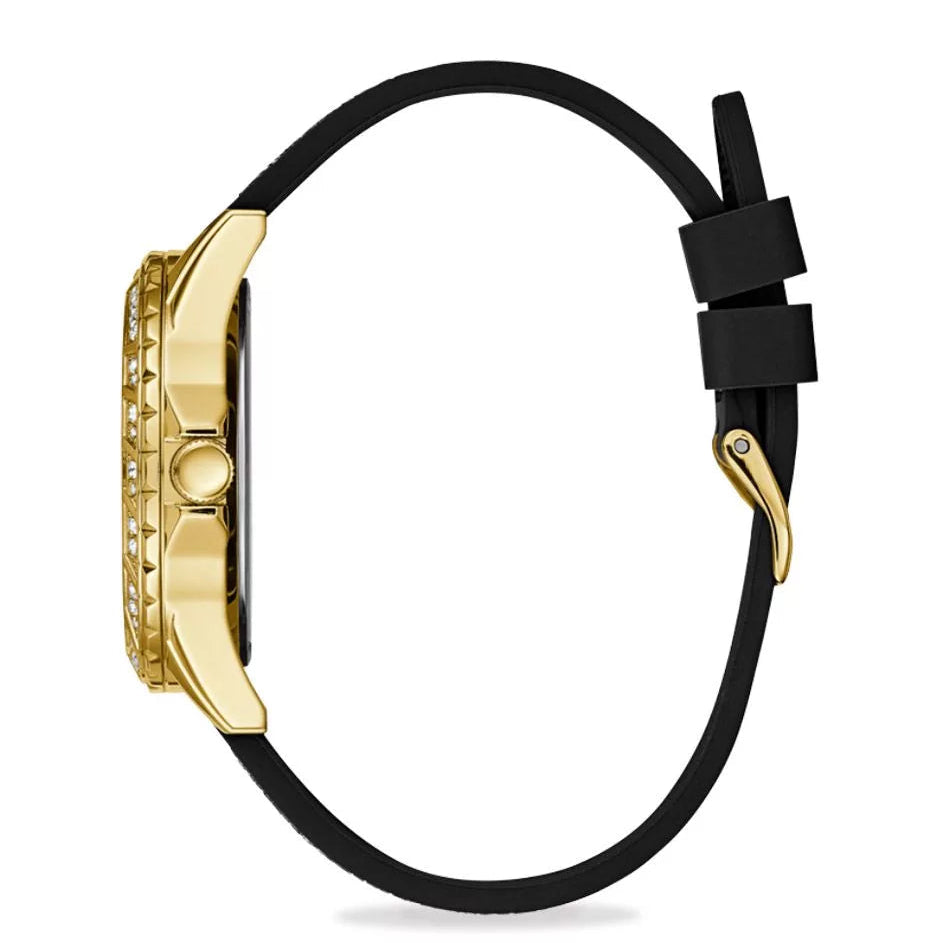 Side profile of Guess Swirl W1096L3 women's quartz battery watch showing 10mm thickness and polished gold finish