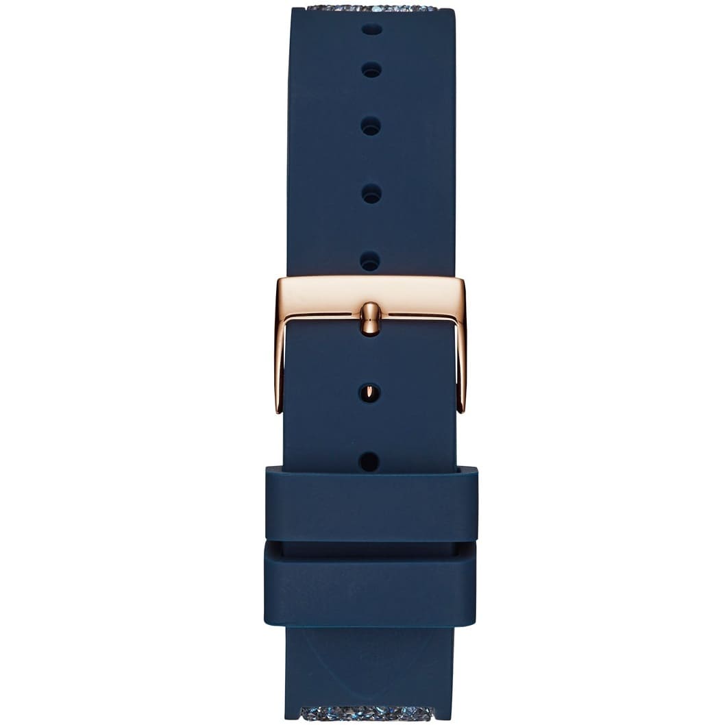 Rose gold-tone buckle clasp on Guess Swirl W1096L4 women's quartz battery blue rubber strap watch