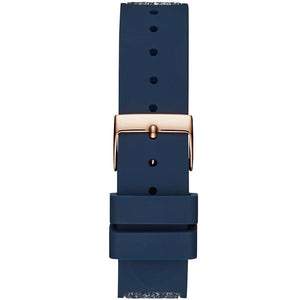 Rose gold-tone buckle clasp on Guess Swirl W1096L4 women's quartz battery blue rubber strap watch