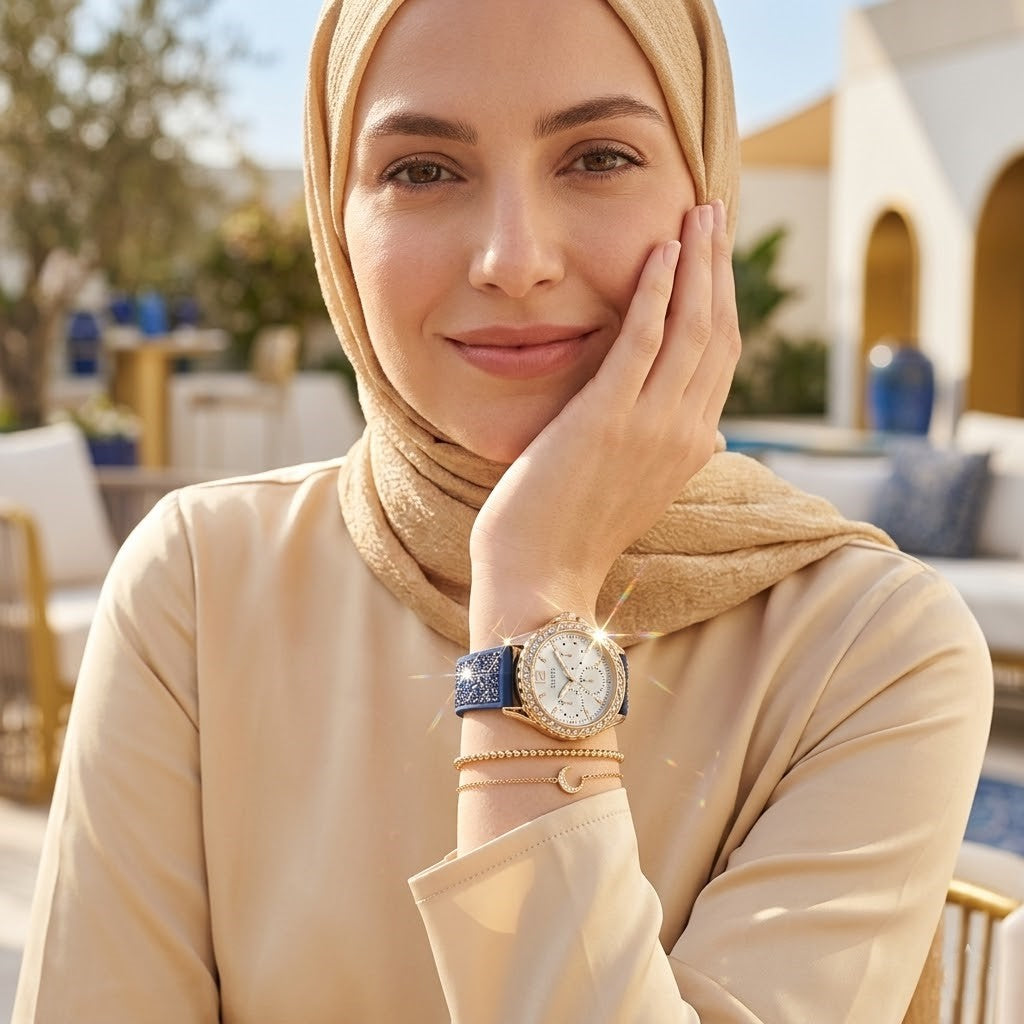 Elegant woman wearing Guess Swirl W1096L4 women's quartz battery watch with rose gold case and luxury crystal blue rubber strap