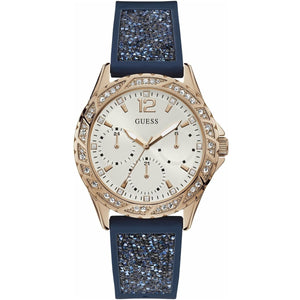Guess Swirl W1096L4 women's quartz battery watch with white dial, multi-function sub-dials, rose gold case with crystal bezel, navy blue rubber strap with crystal embellishments main view