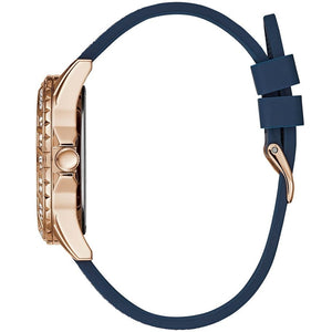 Side profile of Guess Swirl W1096L4 women's quartz battery watch showing 10mm thickness and polished rose gold finish