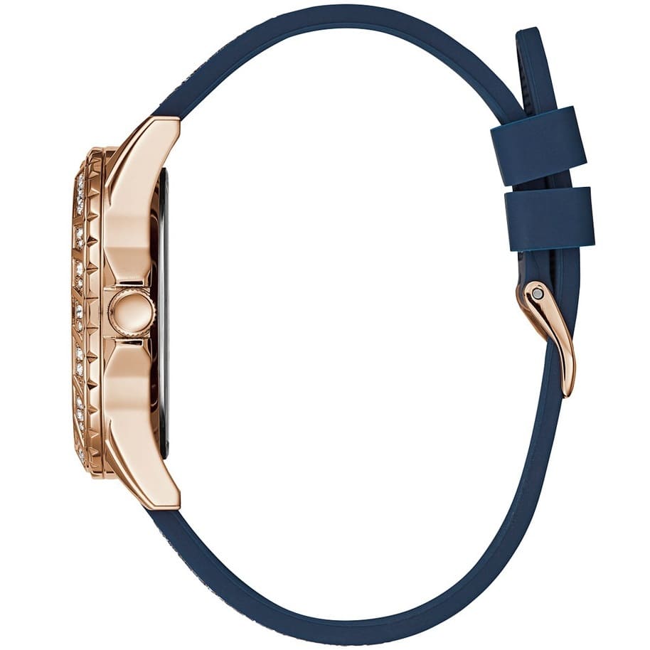 Side profile of Guess Swirl W1096L4 women's quartz battery watch showing 10mm thickness and polished rose gold finish