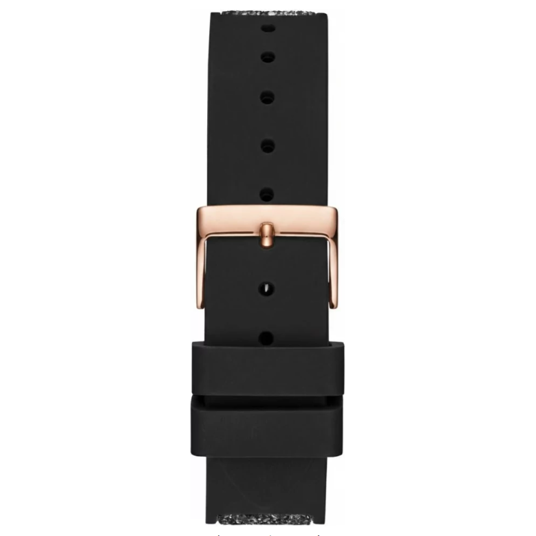 Rose gold-tone buckle clasp on Guess Swirl W1096L5 women's quartz battery black rubber strap watch