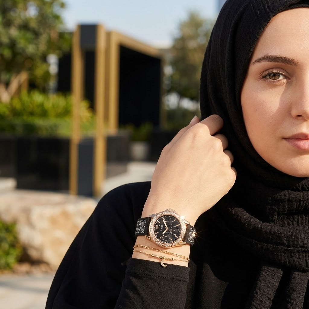 Elegant woman wearing Guess Swirl W1096L5 women's quartz battery watch with rose gold case and luxury crystal black rubber strap