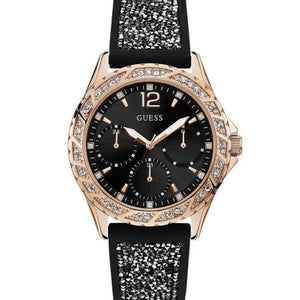 Guess Swirl W1096L5 women's quartz battery watch with black dial, multi-function sub-dials, rose gold case with crystal bezel, black rubber strap with crystal embellishments main view
