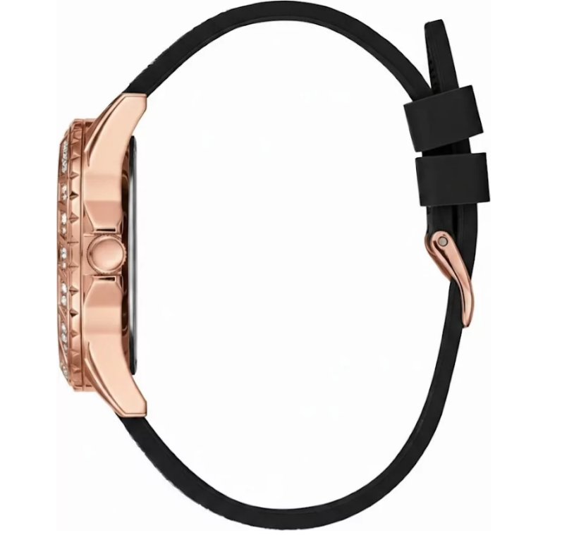Side profile of Guess Swirl W1096L5 women's quartz battery watch showing 10mm thickness and polished rose gold finish
