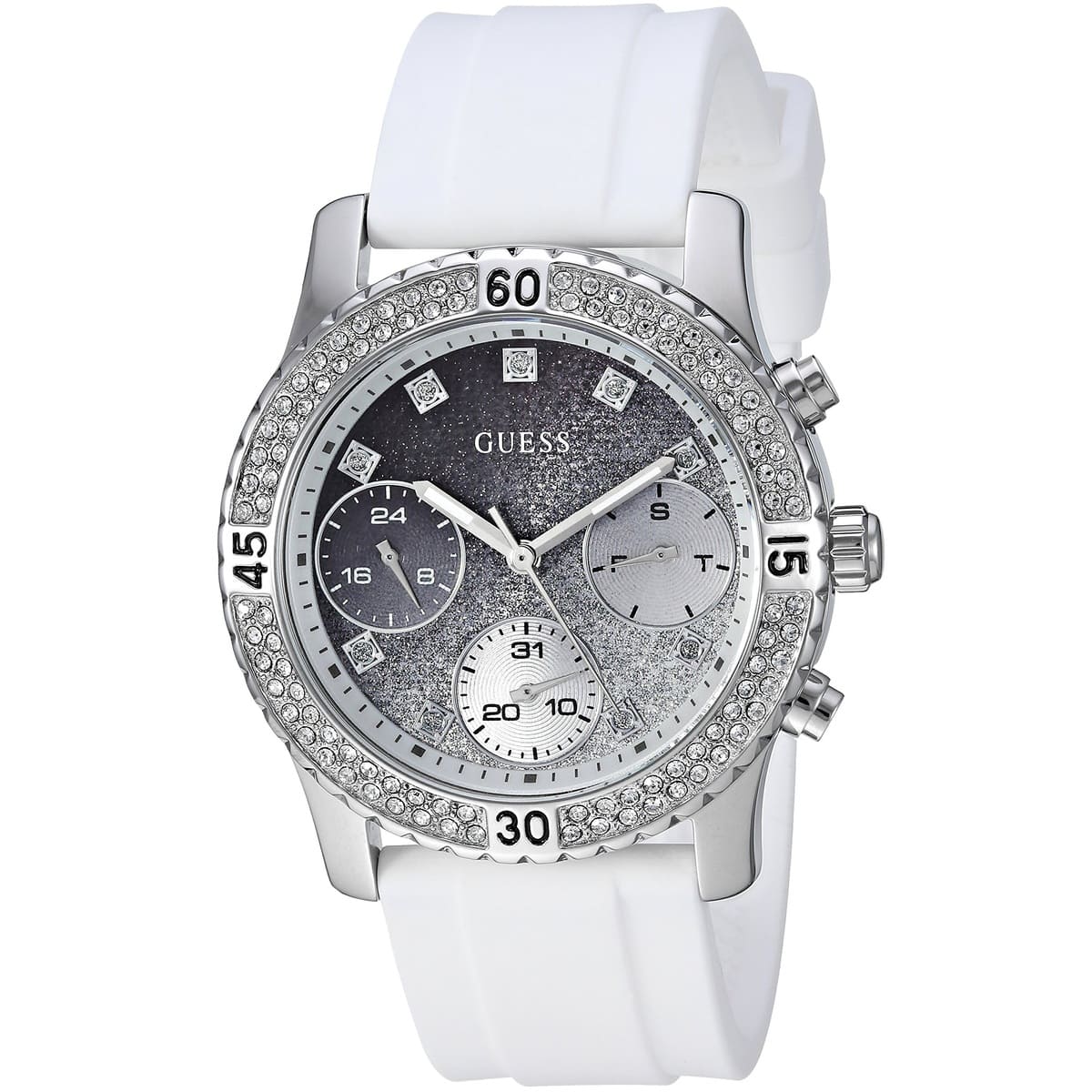 Left angled view of Guess Confetti W1098L1 women's multi-function watch showing integrated pure white silicone rubber strap structure