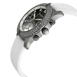 Right angled view of Guess Confetti W1098L1 women's multi-function watch highlighting polished silver finish and cushion case details