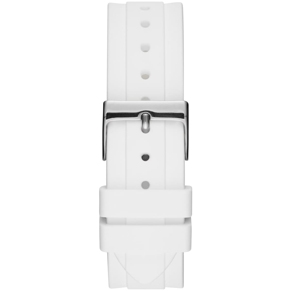 Detailed close-up view of the polished silver-tone deployment clasp on the stainless steel link bracelet for the Guess Confetti W1098L1 women's watch
