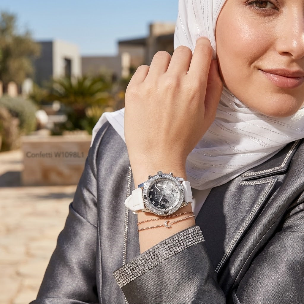 Elegant woman wearing Guess Confetti W1098L1 women's multi-function rose gold watch with white rubber strap, adding distinctive casual luxury style