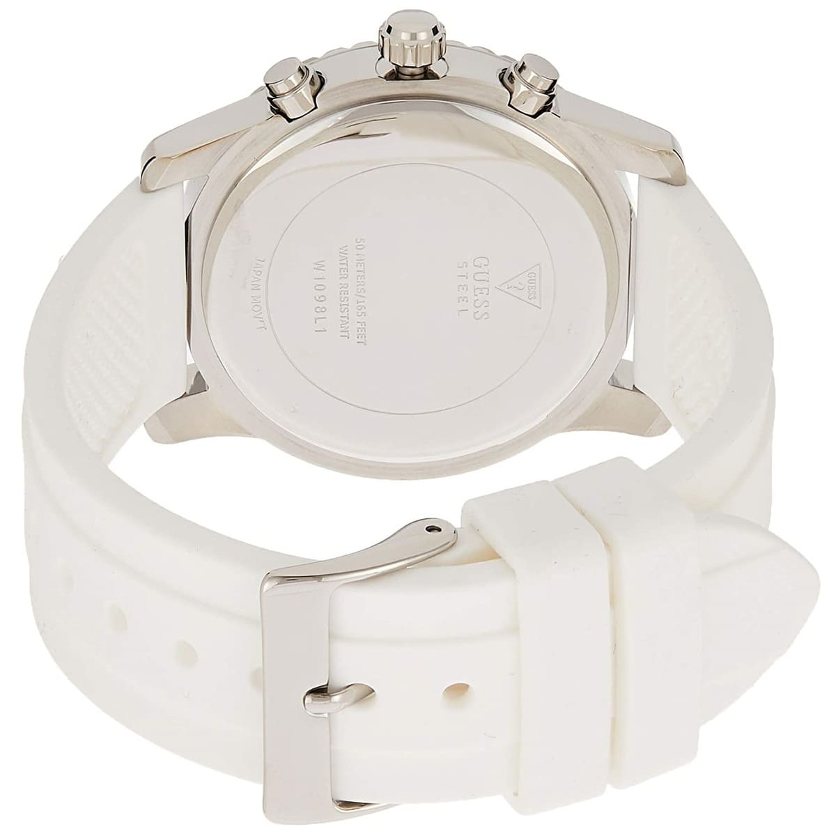 Live photo of Guess Confetti W1098L1 women's multi-function gold watch showing actual rose gold finish and crystal bezel reflections
