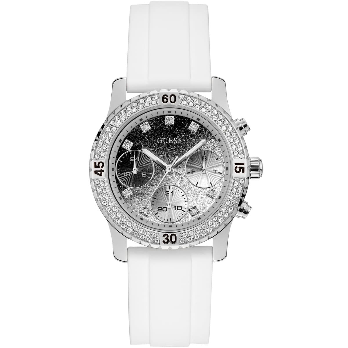 Guess Confetti Multi-Function W1098L1 women's watch with cushion-shaped silver-tone case, dynamic bezel embellished with crystals and screw details, deep silver-white dial with luminous yellow silver hands and indices, and integrated flexible pure white silicone rubber strap main view