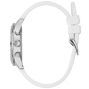Side profile of Guess Confetti W1098L1 women's multi-function watch showing 11mm thickness and polished silver-tone finish
