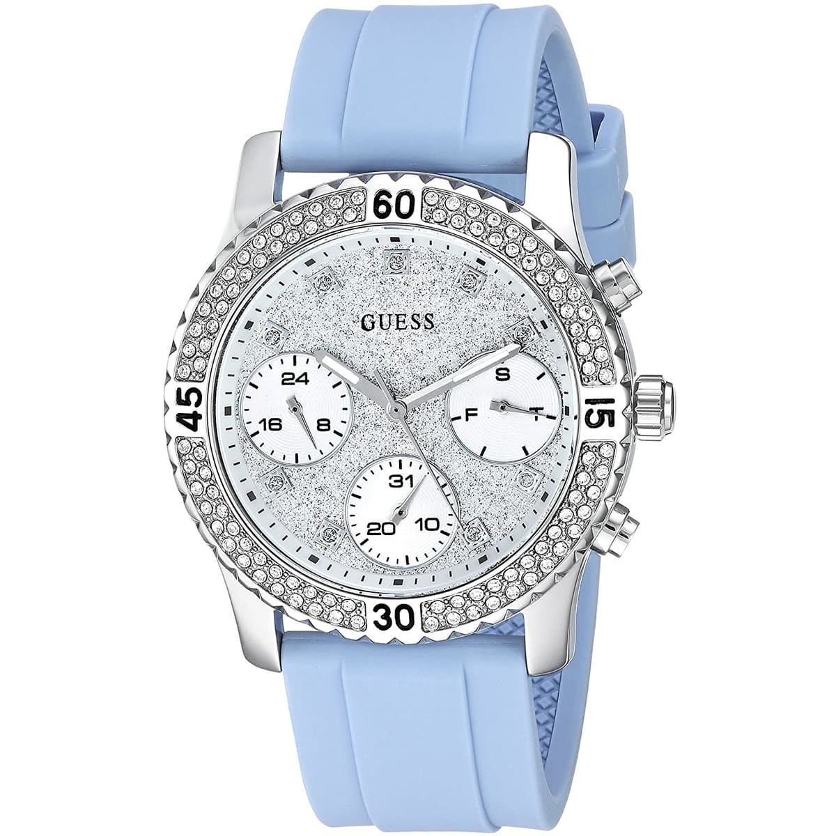 Right angled view of Guess Confetti W1098L3 women's multi-function watch highlighting polished silver finish and cushion case details