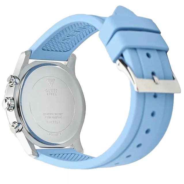 Caseback of Guess Confetti W1098L3 women's multi-function watch showing technical specs 50m water resistance and stainless steel material