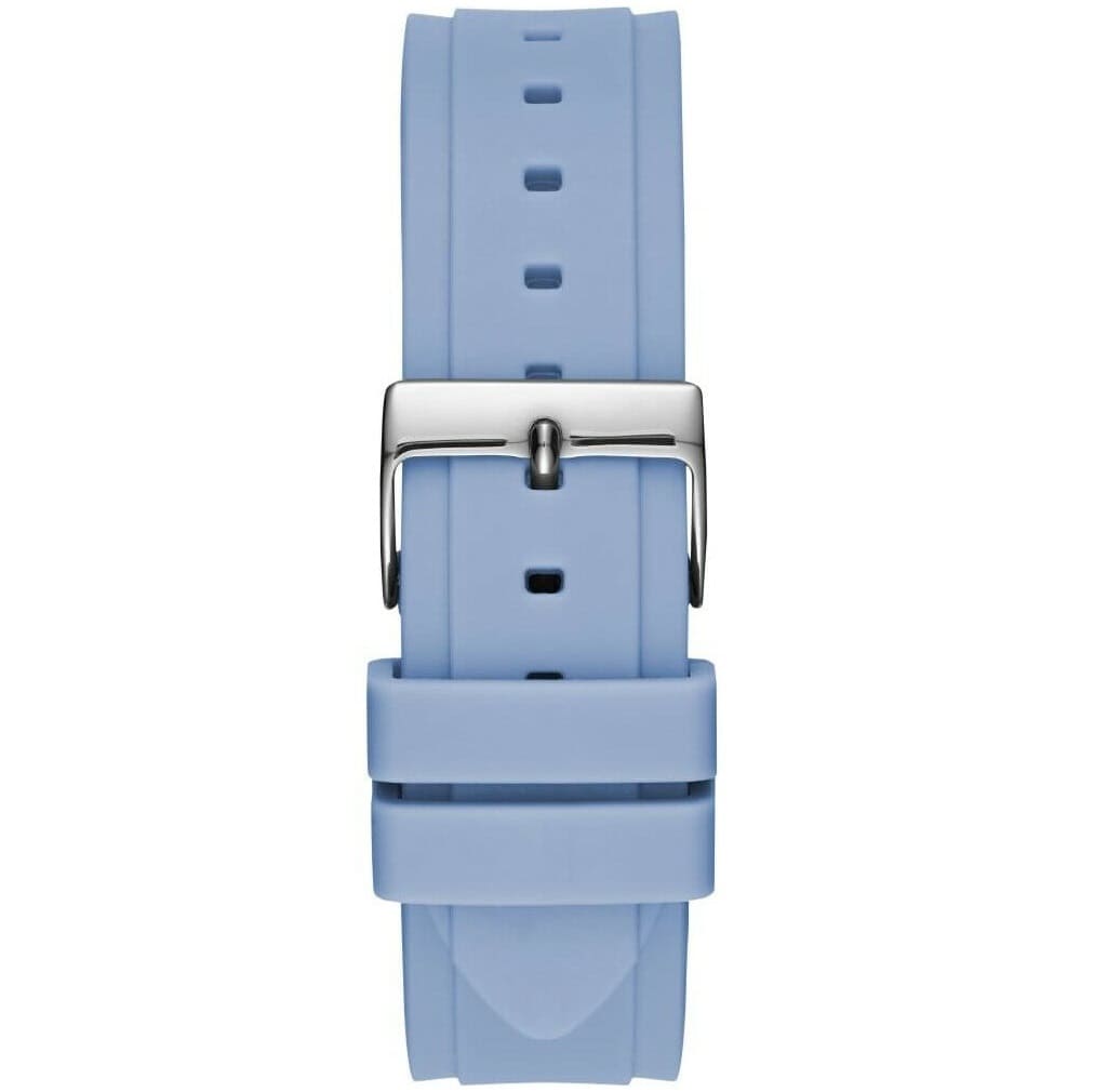 Detailed close-up view of the polished silver-tone deployment clasp on the stainless steel link bracelet for the Guess Confetti W1098L3 women's watch