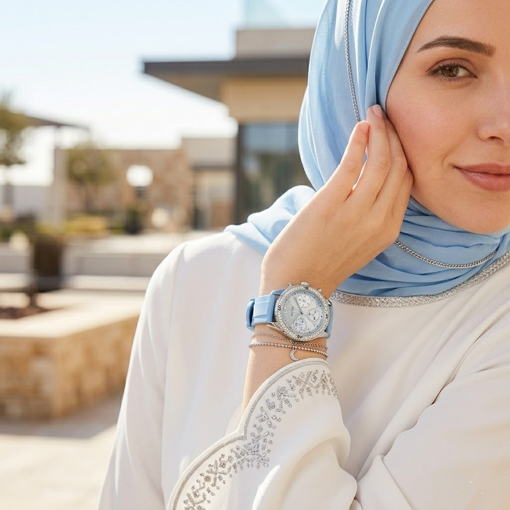 Elegant woman wearing Guess Confetti W1098L3 women's multi-function rose gold watch with light blue rubber strap, adding distinctive casual luxury style