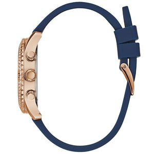 Side profile of Guess Confetti W1098L6 women's multi-function watch showing 11mm thickness and polished gold-tone finish