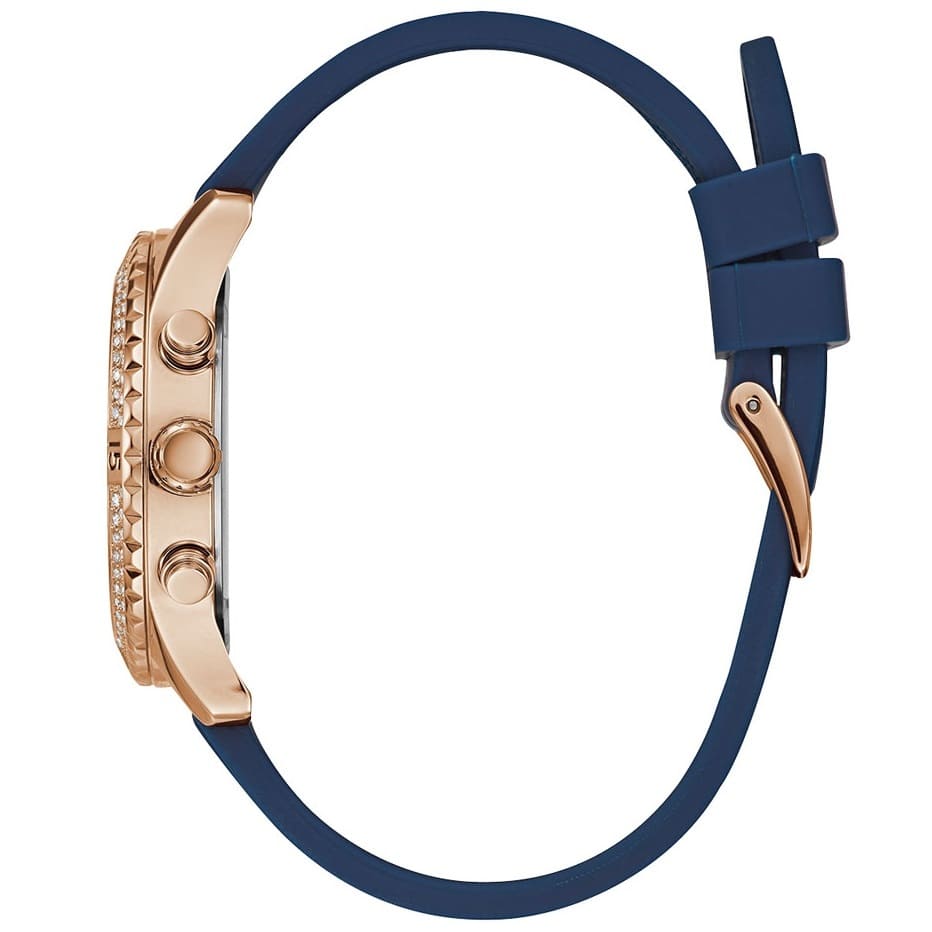 Side profile of Guess Confetti W1098L6 women's multi-function watch showing 11mm thickness and polished gold-tone finish