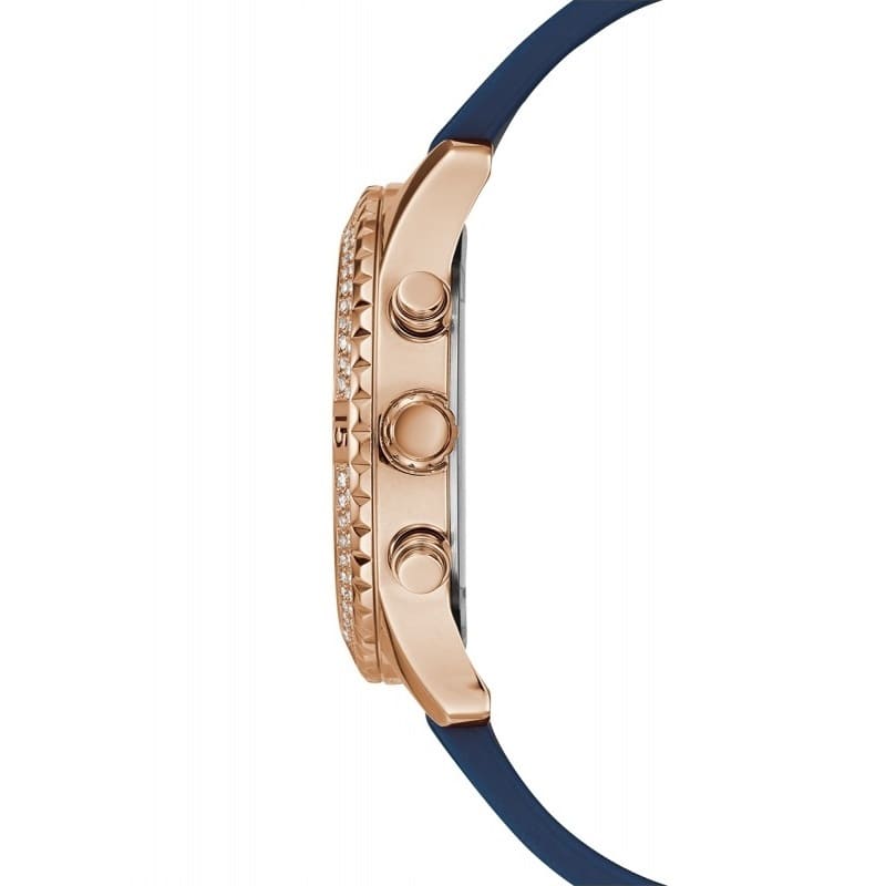 Side profile of Guess Confetti W1098L6 women's multi-function watch showing 11mm thickness and polished gold-tone finish