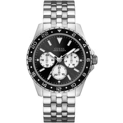 Front view of Guess Odyssey W1107G1 watch with black dial and silver metal strap