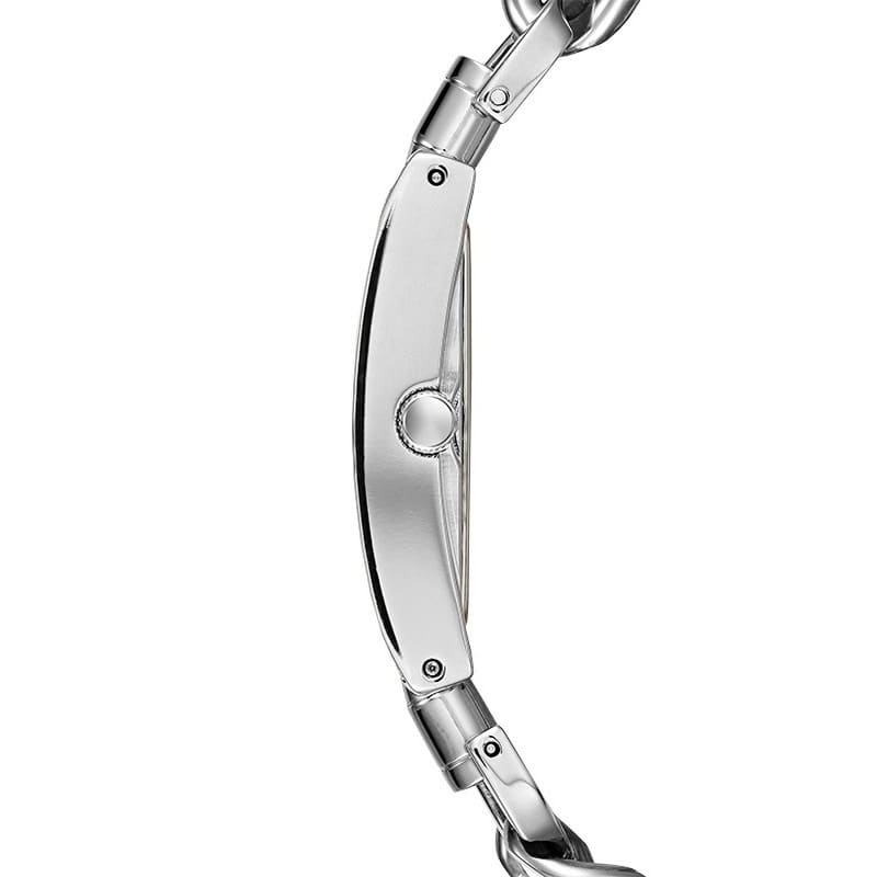 Detailed side view of the silver crown on the Guess W1117L1