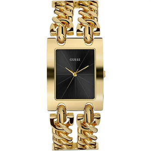 A gold-tone rectangular Guess watch with a black dial and a thick curb-link chain strap, shown on a plain white background.