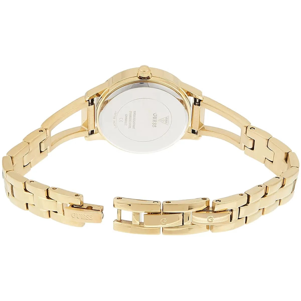 Gold-tone jewelry clasp on Guess W1145L3 women's quartz battery gold bangle watch