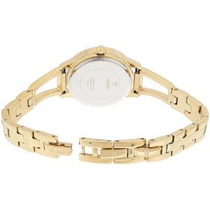 Gold-tone jewelry clasp on Guess W1145L3 women's quartz battery gold bangle watch