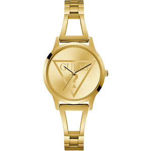 Guess W1145L3 women's quartz battery watch with gold dial featuring triangle logo, gold case, cut-out gold bangle bracelet main view