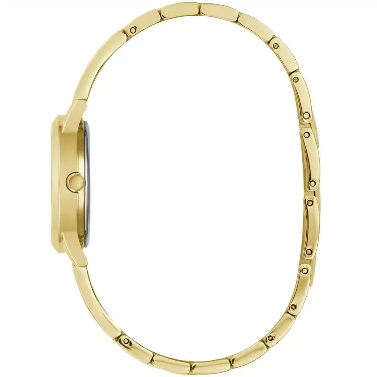 Side profile of Guess W1145L3 women's quartz battery watch showing 8mm thickness and polished gold finish