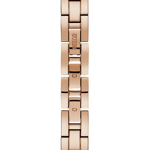 Rose gold-tone jewelry clasp on Guess W1145L4 women's quartz battery rose gold bangle watch