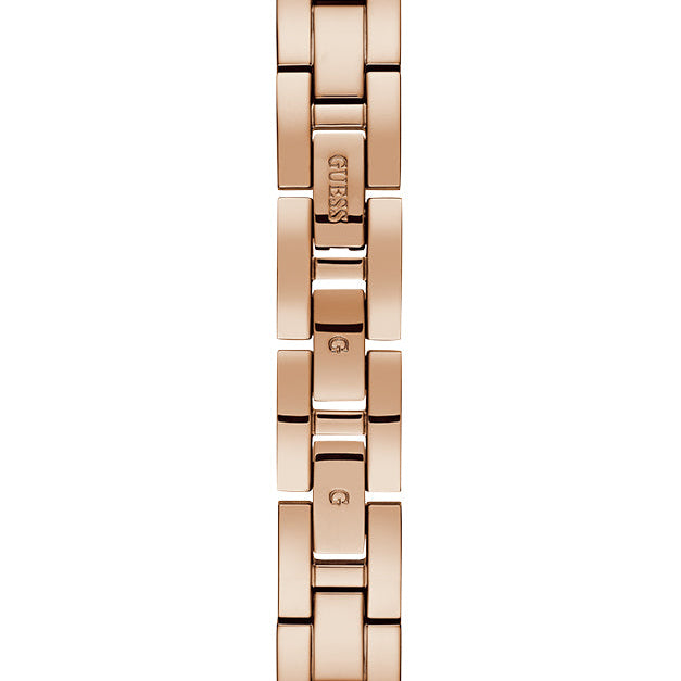 Rose gold-tone jewelry clasp on Guess W1145L4 women's quartz battery rose gold bangle watch