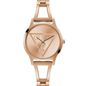Guess W1145L4 women's quartz battery watch with rose gold dial featuring triangle logo, rose gold case, cut-out rose gold bangle bracelet main view