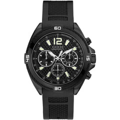 Front view of Guess Surge W1168G2 watch with black dial and black rubber strap