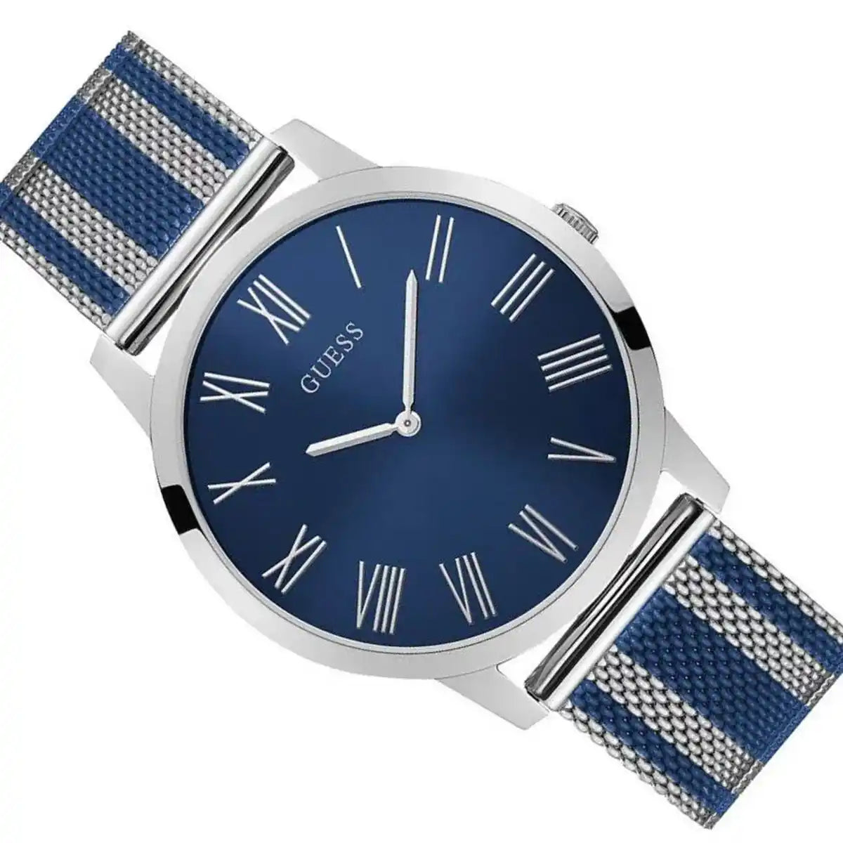 Right angled view of Guess W1179G1 men's quartz battery watch highlighting polished silver finish and classic details