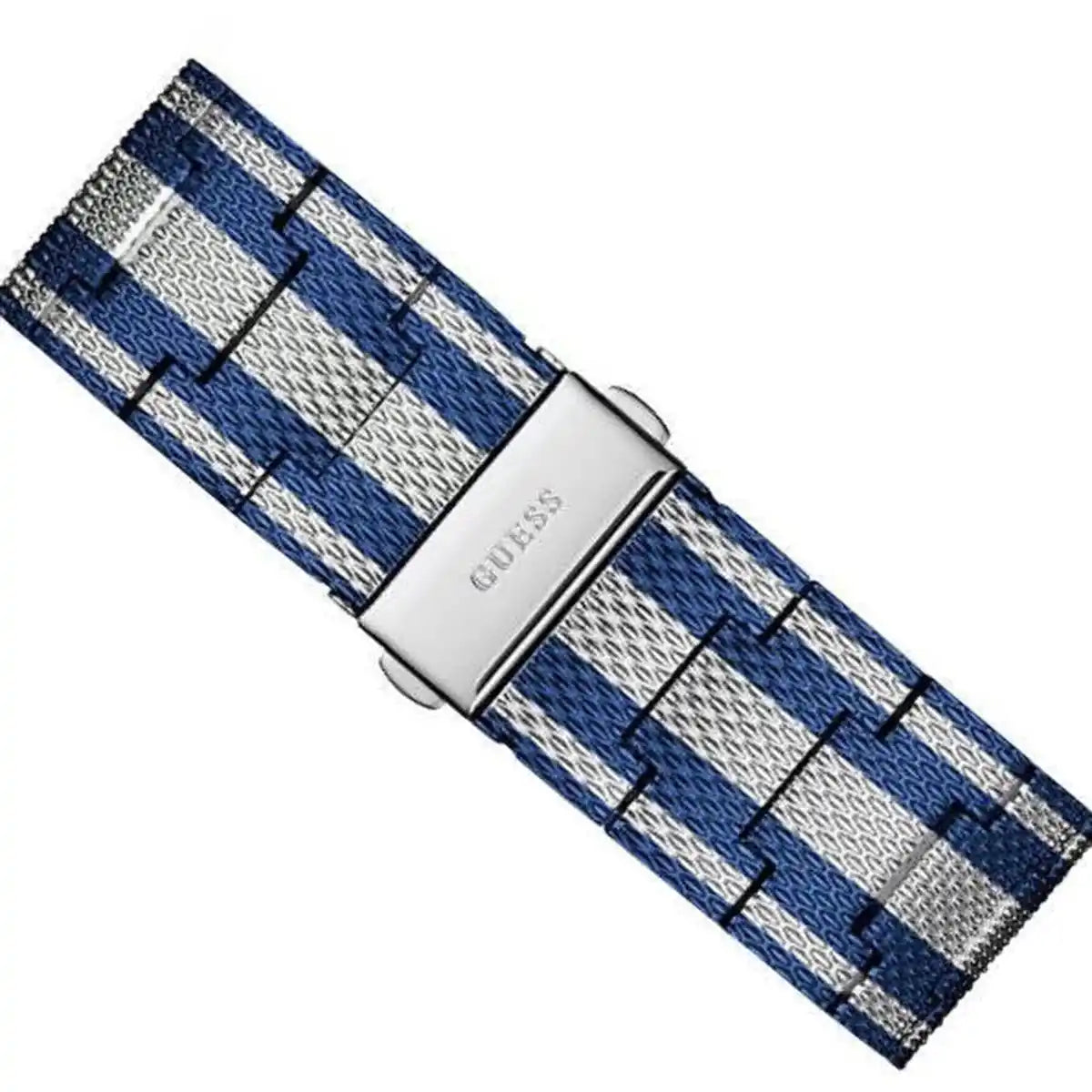 Silver-tone adjustable sliding clasp on Guess W1179G1 men's quartz battery striped mesh bracelet watch