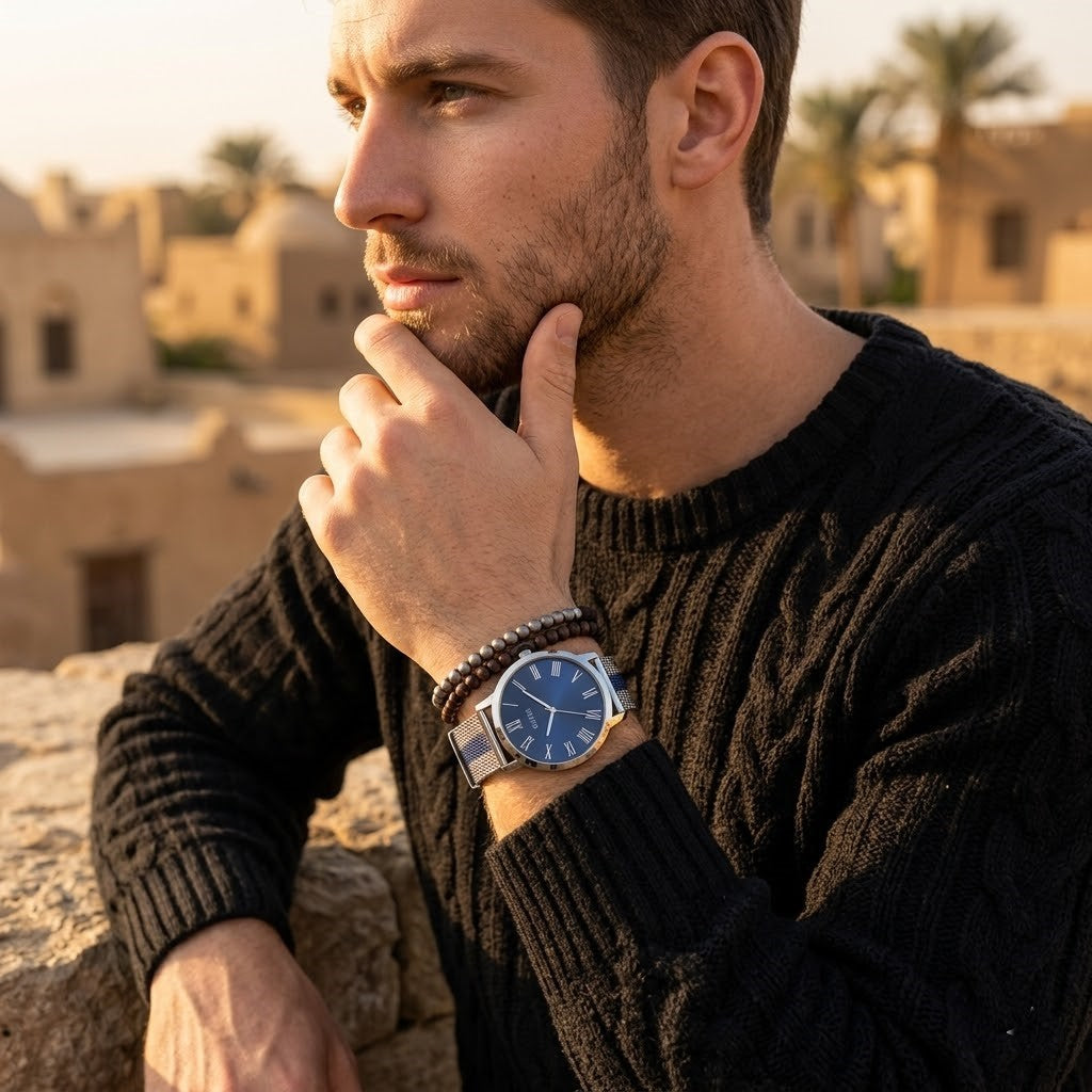 Elegant man wearing Guess W1179G1 men's quartz battery watch with silver case and luxury striped mesh bracelet