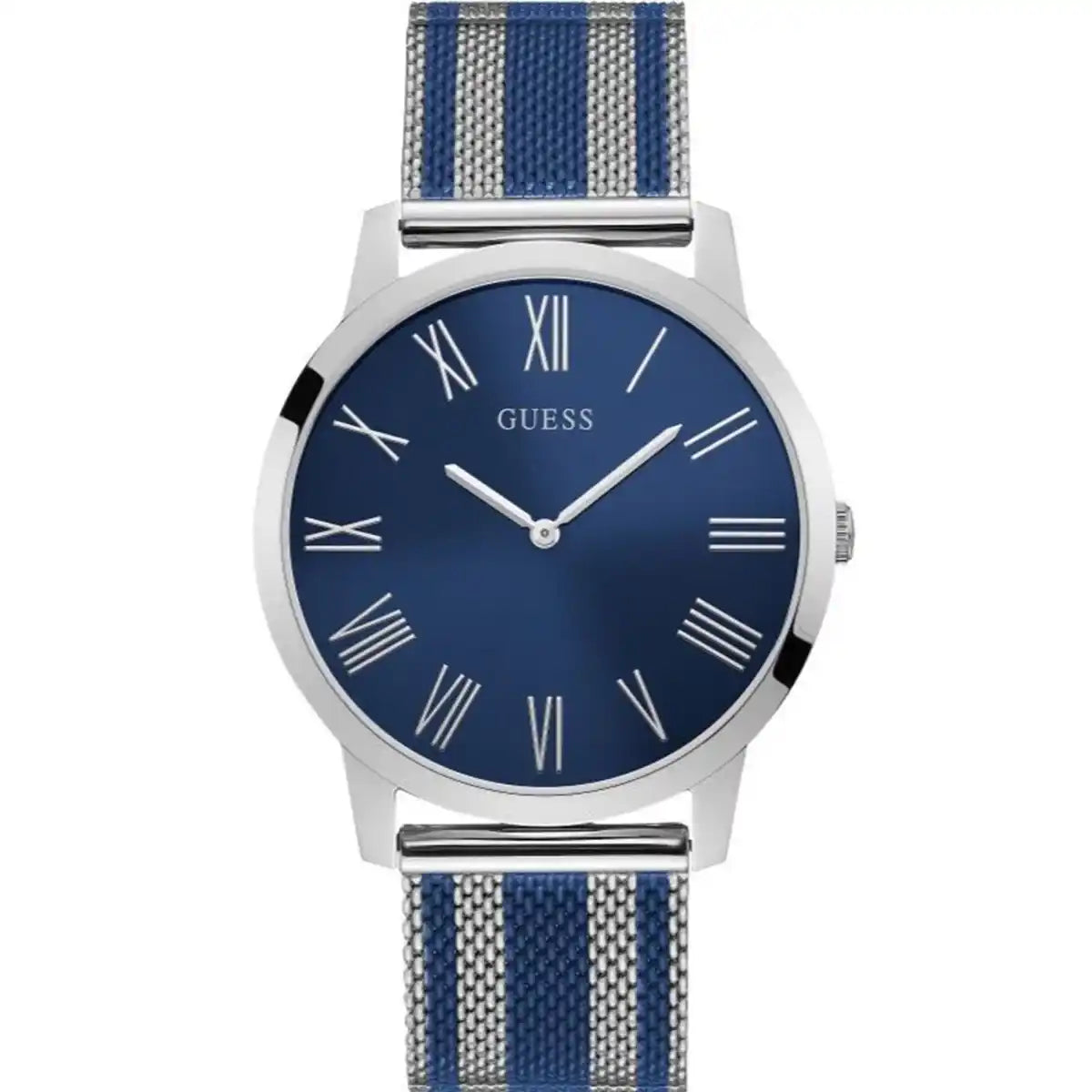 Guess W1179G1 men's quartz battery watch with blue dial, roman numerals, silver case, silver and blue striped stainless steel mesh bracelet main view