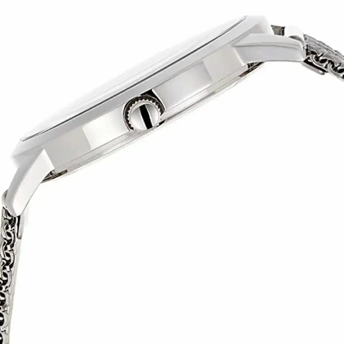 Side profile of Guess W1179G1 men's quartz battery watch showing 10mm thickness and polished silver finish