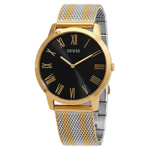Right angled view of Guess W1179G2 men's quartz battery watch highlighting polished gold finish and classic details